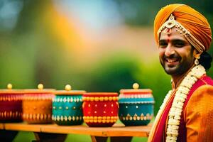 en man i ett indisk bröllop utrusta är leende. ai-genererad foto