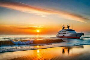 en Yacht på solnedgång på de strand. ai-genererad foto