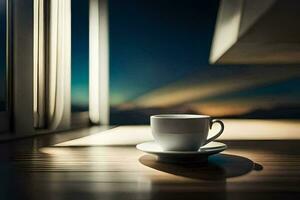 en kopp av kaffe sitter på en tabell i främre av en fönster. ai-genererad foto