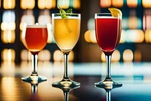 tre annorlunda typer av drycker i glasögon på en tabell. ai-genererad foto