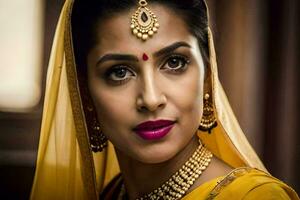 en kvinna i en gul sari med guld Smycken. ai-genererad foto