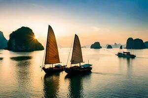 halong bukt, vietnam, solnedgång, båtar, solnedgång, vietnam, solnedgång. ai-genererad foto