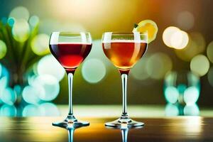 två glasögon av vin på en tabell med suddig bakgrund. ai-genererad foto