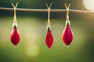 tre röd papper ornament hängande på en tråd. ai-genererad foto
