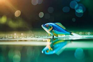 en fisk är stående på de vatten med en ljus ljus Bakom Det. ai-genererad foto