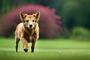 en brun hund löpning tvärs över en grön fält. ai-genererad foto