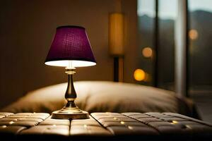 en lila lampa på en säng i de mörk. ai-genererad foto