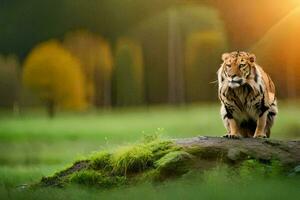 en tiger stående på en sten i de mitten av en fält. ai-genererad foto