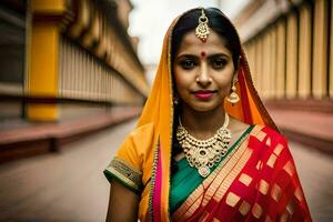 en kvinna i traditionell sari poser för en porträtt. ai-genererad foto