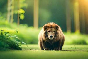 en lejon är gående i de gräs i de skog. ai-genererad foto
