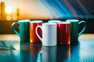 färgrik kaffe koppar på en tabell. ai-genererad foto