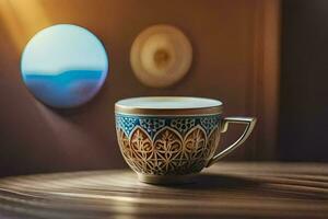 en kopp av kaffe på en tabell med en cirkulär fönster. ai-genererad foto