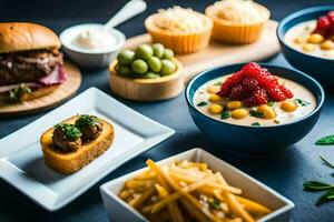 en mängd av mat objekt Inklusive en hamburgare, pommes frites, och en sallad. ai-genererad foto