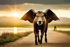en tjur med vingar gående ner en väg. ai-genererad foto