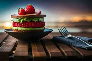 en jordgubb och avokado smörgås på en tallrik. ai-genererad foto