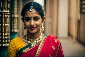 en kvinna i en röd sari med guld Smycken. ai-genererad foto