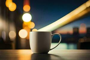 kaffe kopp på tabell i främre av stad lampor. ai-genererad foto