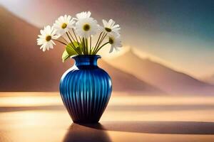 en blå vas med vit blommor på en tabell. ai-genererad foto