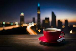 en kopp av kaffe på en trä- tabell i främre av en stadsbild. ai-genererad foto