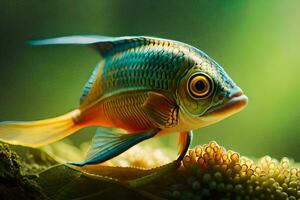 en fisk med ljus blå ögon och grön löv. ai-genererad foto