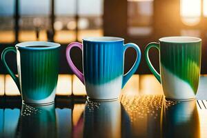 tre färgrik kaffe koppar sitta på en tabell. ai-genererad foto
