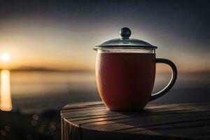 en kopp av te på en tabell med de Sol miljö Bakom Det. ai-genererad foto