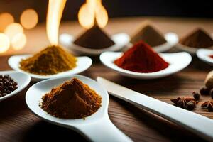 skedar med annorlunda kryddor och kryddor på en tabell. ai-genererad foto