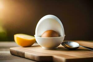 ett ägg i ett ägg skal på en skärande styrelse. ai-genererad foto