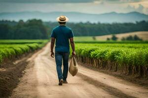 en man promenader genom en fält av socker sockerrör. ai-genererad foto