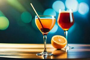 två glasögon av alkohol med orange skivor på en tabell. ai-genererad foto