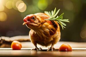 en kyckling med en rosmarin kvist på dess huvud. ai-genererad foto