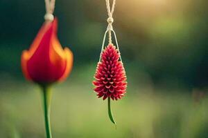 en röd blomma hängande från en sträng. ai-genererad foto