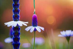 en blå och vit blomma med en röd sträng. ai-genererad foto