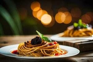 spaghetti med björnbär och balsamisk vinäger. ai-genererad foto