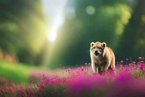 en hund gående genom en fält av rosa blommor. ai-genererad foto