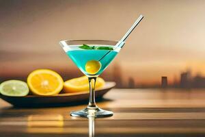 en blå cocktail med citron- skivor och mynta. ai-genererad foto