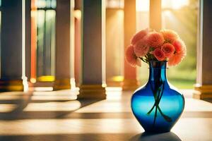 en blå vas med rosa blommor Sammanträde på en tabell. ai-genererad foto