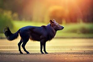 en svart hund är stående på en väg på solnedgång. ai-genererad foto