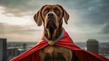 porträtt av en hund klädd som en superhjälte med en röd cape foto