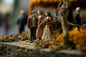 miniatyr- två människor i kärlek. leksak liten Make och fru. begrepp av bröllop, roman och hjärtans dag skapas med generativ ai teknologi foto