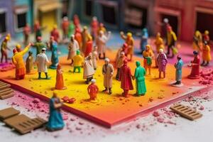 indisk Semester holi diorama. miniatyr- färgad människor med målarfärger fira de hindu början av vår. ljus färgrik begrepp skapas med generativ ai teknologi foto