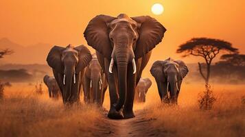 lugn scen av elefanter gående genom torr gräsmark generativ ai foto