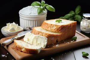 krämig glädjer bilder av mjölk bröd med grädde ost generativ ai foto