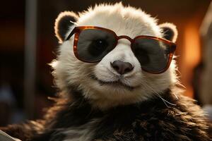 charmig panda lysa skarpt bebis panda's lekfull solglasögon tog med till liv förbi generativ ai foto