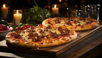 nyligen bakad pizza på rustik tabell, en gourmet italiensk måltid genererad förbi ai foto