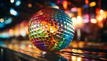 skinande disko boll tänds vibrerande nattklubb, lysande med roligt genererad förbi ai foto