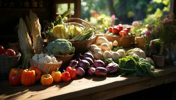 friskhet av organisk grönsaker, natur friska frikostighet på rustik tabell genererad förbi ai foto