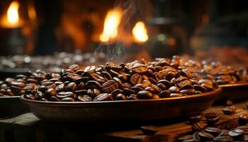 friskhet av kaffe böna, värme från flamma, selektiv fokus på förgrund genererad förbi ai foto