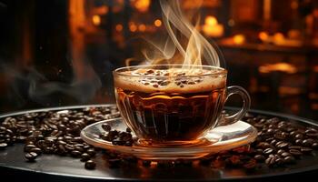 friskhet i en kopp, ånga stigande, arom av gourmet kaffe genererad förbi ai foto