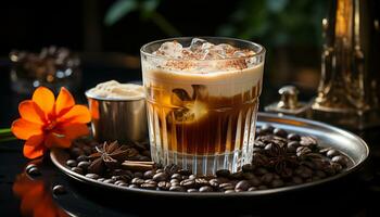 aromatisk kaffe, krämig latte, skummande mocka, rustik trä, elegant kaffe genererad förbi ai foto